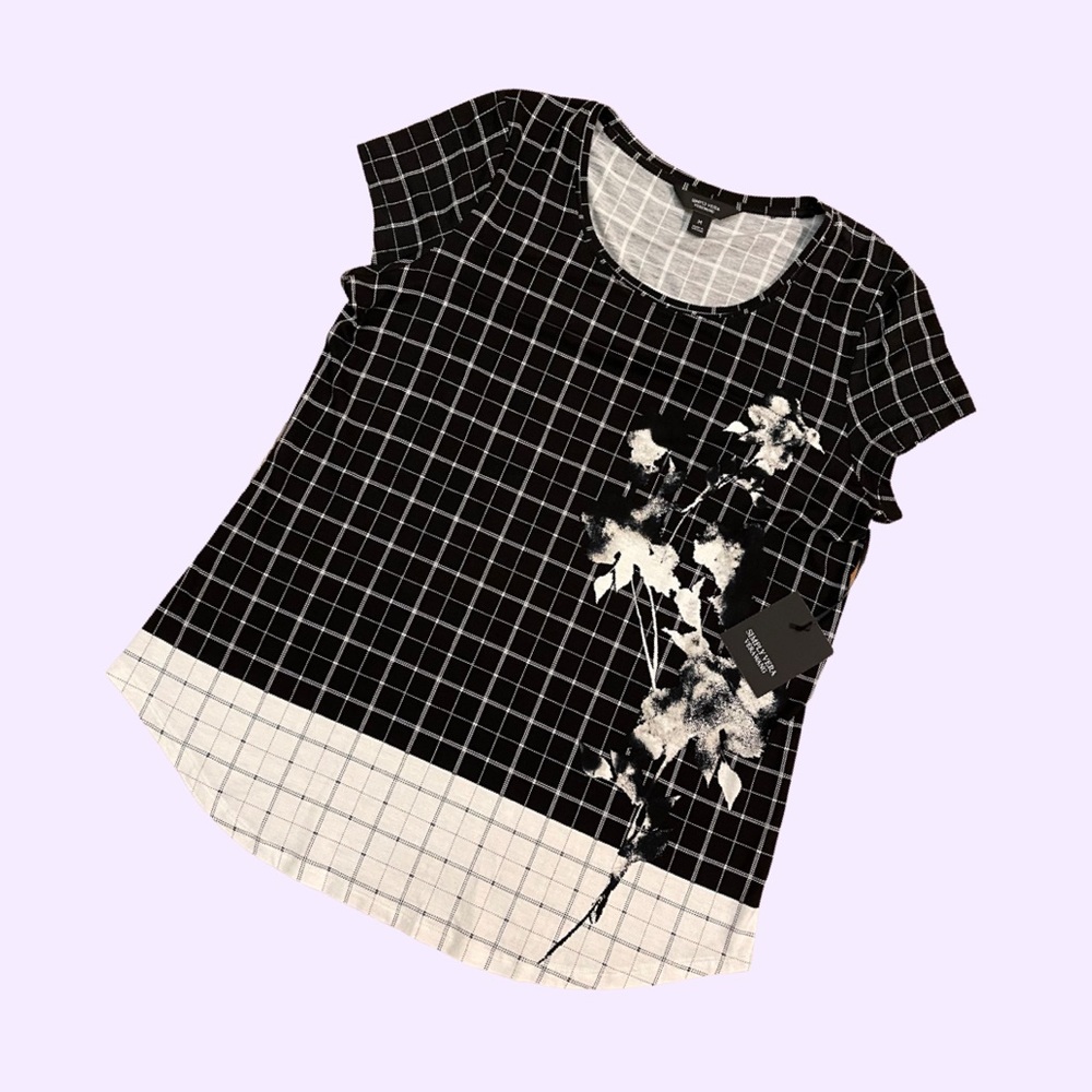NWT Black & Off White Print Cap Sleeve Top